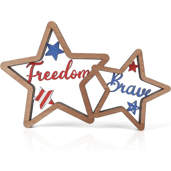 Patriotic Wooden Star Tiered Tray Decor Set, Fourth Of July And Memorial Day Freedom And Brave Signs, Red Blue White Table Shelf Home Office Decoration, Siamese Stars