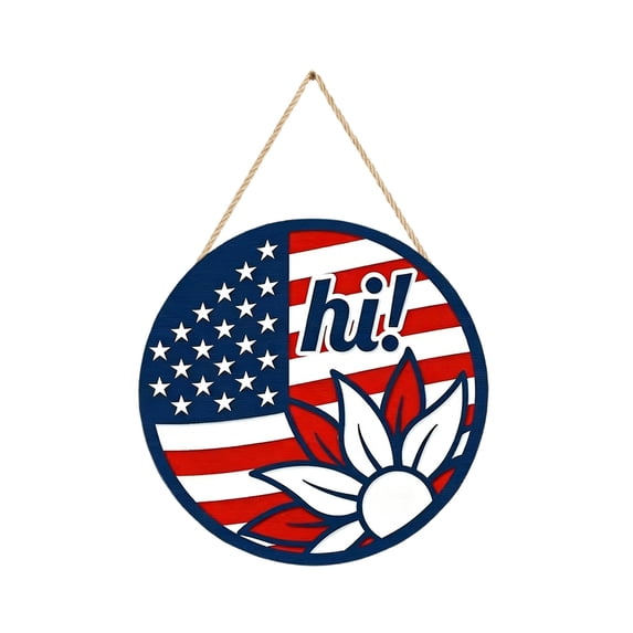 Patriotic Wooden Star Wreath, Round Independence Day Welcome Sign for Front Door, 4th of July Hanging Decor, Wood Ornament B