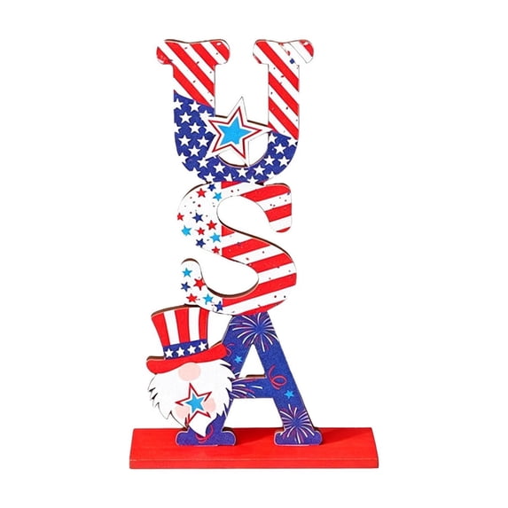 Patriotic Wooden Table Sign, USA Gnome and Star Shelf Decor for 4th of July, Independence Day Mantle Decorations for Home, Farmhouse Style Holiday Ornament