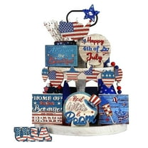 Patriotic Wooden Tiered Tray Decorations - 4th of July USA Flag Signs - Rustic Farmhouse Independence Day & Labor Day Shelf Decor (Vivid Colors)