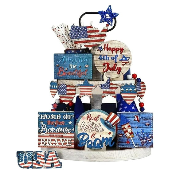 Patriotic Wooden Tiered Tray Decorations - 4th of July USA Flag Signs - Rustic Farmhouse Independence Day & Labor Day Shelf Decor (Vivid Colors)