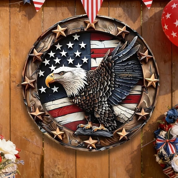 Patriotic Wooden Wall Decor, Independence Day Star Hanging, USA Flag Round Ornament, Holiday Hanging Plaque for Home, Porch, Entryway, Garden & July 4th Decor