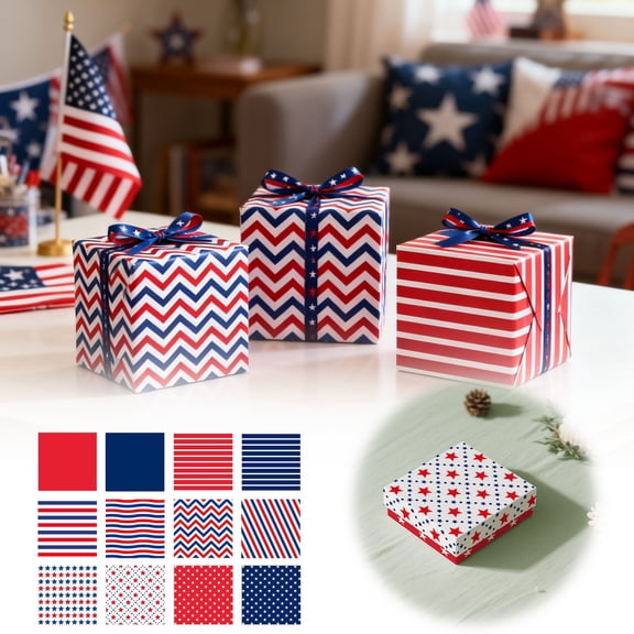 Patriotic Wrapping Paper, 4th of July Red White Blue Fireworks Gift Wrap Sheets for Independence Day Party, Flag Stars Design, 5.9 x 5.9 Inches Each 12 Pcs