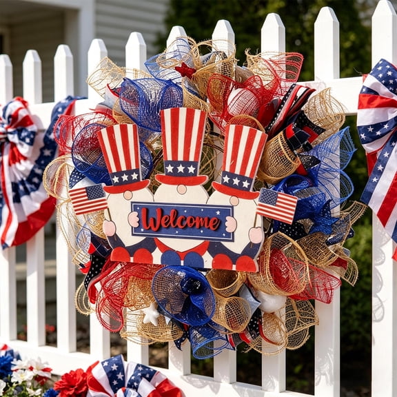 Patriotic Wreath 4th of July Mesh Wreath with Uncle Sam Independence Day Red White Blue Welcome Sign Door Hanger with Stars and Stripes Hanging Decor for Front Door Memorial Day USA 250th Anniversary