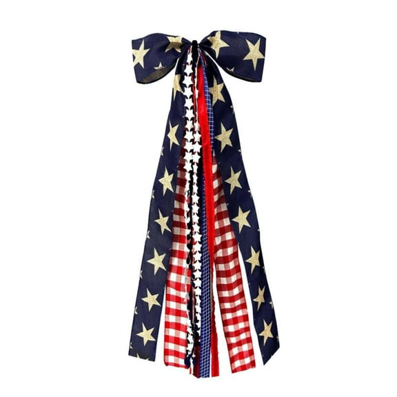 Patriotic Wreath Bow Clip On - Red White Blue Stars Burlap Sash, 4th of July/Independence Day Front Door Decor, All-Weather Outdoor Ribbon