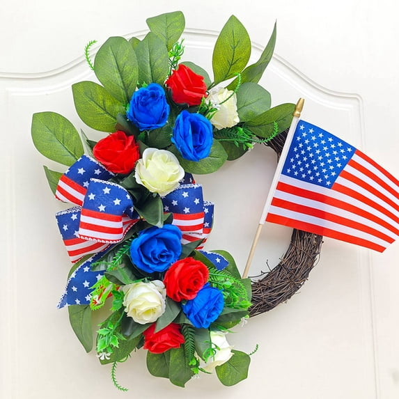 Patriotic Wreath for Front Door, 4th of July Wreath with USA Flags for Memorial Day Independence Day Veterans Day Upstairs Wreath Front Door Decoration Hanging Ornaments