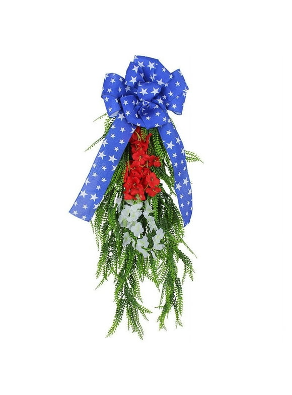 Patriotic Wreath for Front Door, 4th of July Wreath White Blue Red Wreath with USA Flags for Memorial Day Independence Day Veterans Day Upstairs Wreath Front Door Decoration Hanging Ornaments