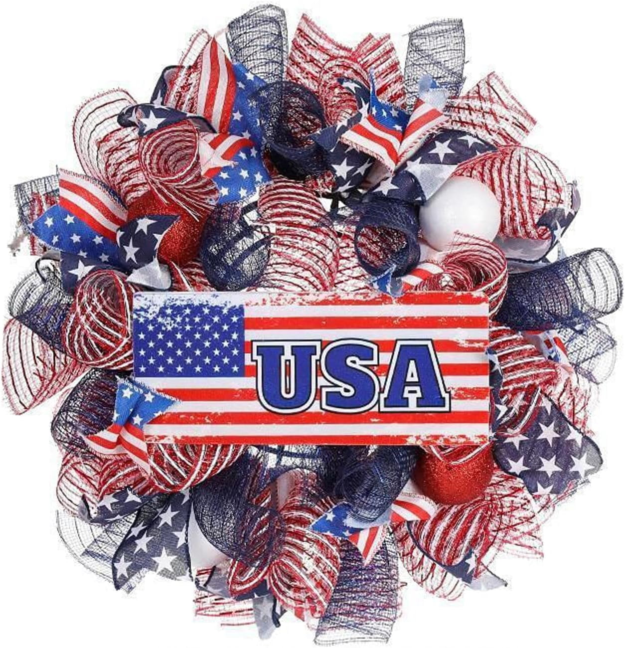 Patriotic Wreath for Front Door Red White Blue Wreath 4th of July ...