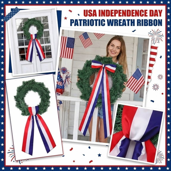 Patriotic Wreath Sash Bow, American Flag Style Wreath Decoration, Red White Blue Satin Ribbon for 4th of July, Memorial Day, and Home Decor,4.5*56IN,B