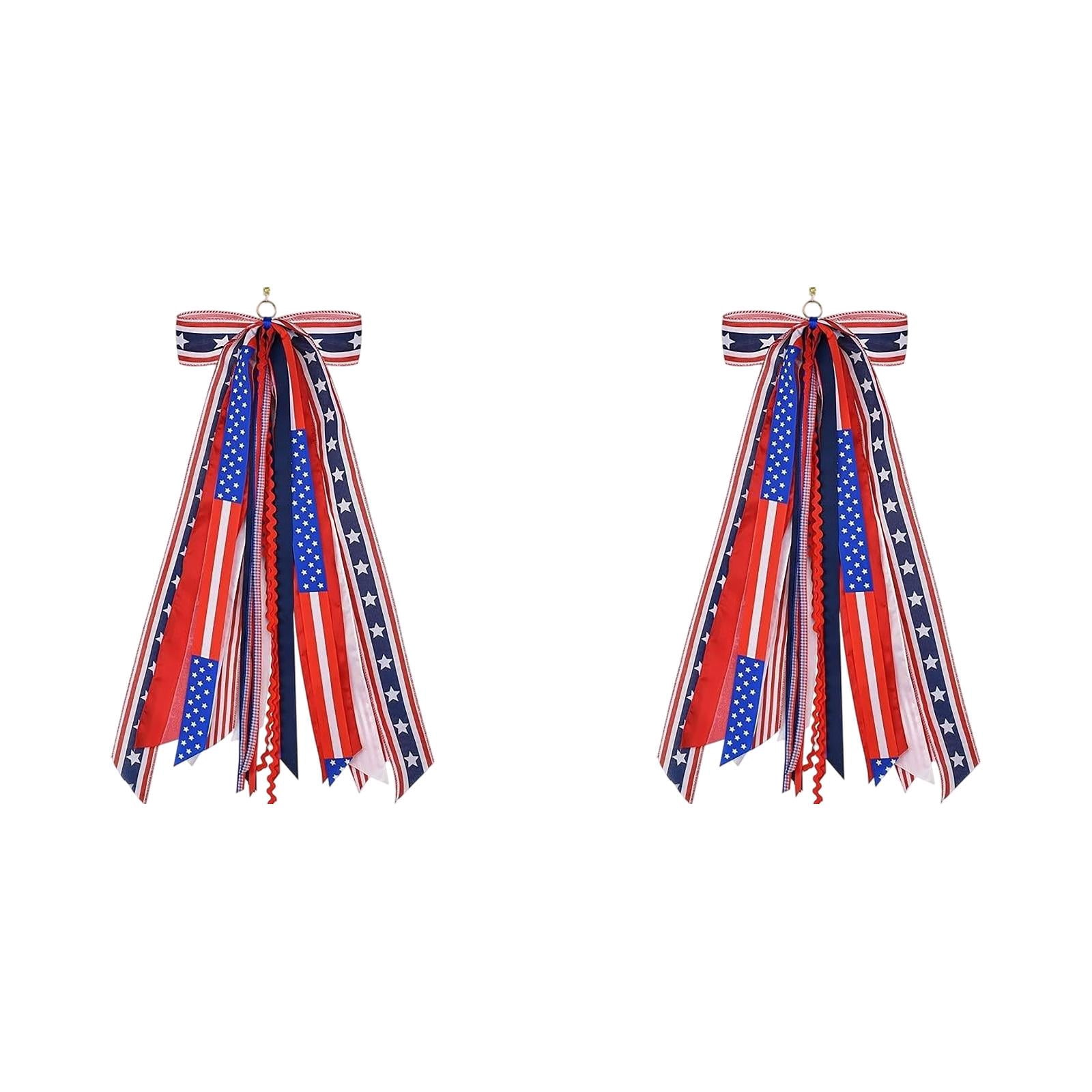 Patriotic Wreath Sash for Front Door with Star Charm, Assorted Ribbon Bundle Red White Blue, 4th of July Clip On Bow for Indoor Outdoor Memorial Day Independence Day Decor 2 Pcs