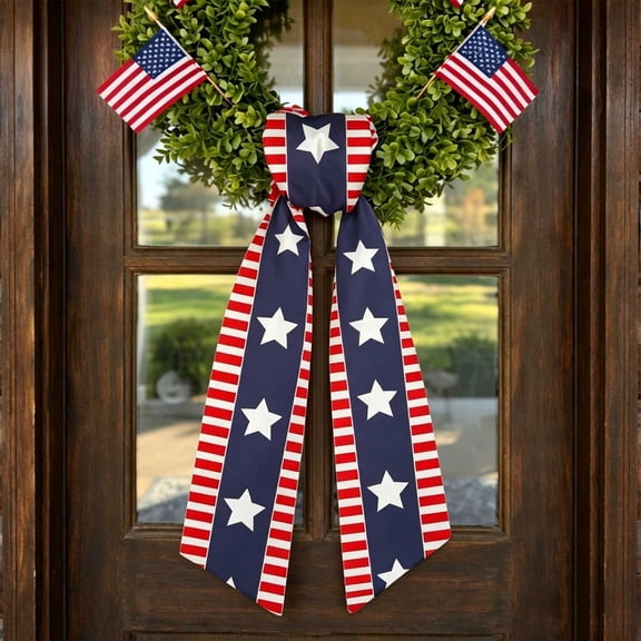 Patriotic Wreath Sash, July 4th Red White Stripe Satin Ribbon for Front Door Wall Window Porch Decor, 55x4in, Polyester Material