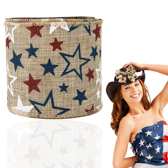 Patriotic Wreath Sash Star Flag National Day Linen Style Ribbon Burlap Wire Edge Ribbon For Independence Day Decor Wrapping DIY Bow Craft