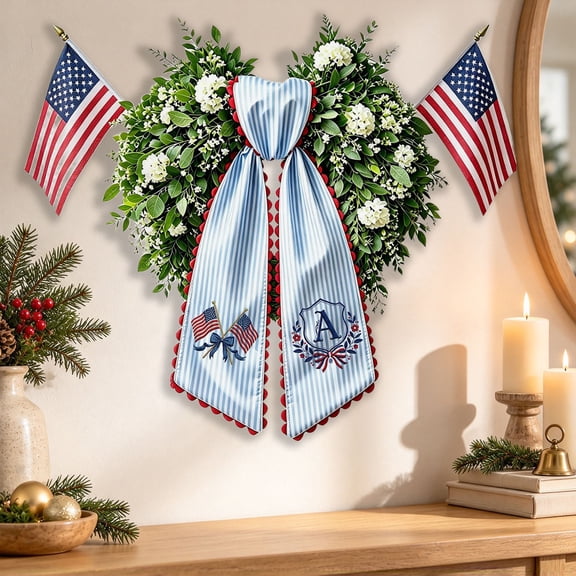 Patriotic Wreath Sash Stripes Bow with Initial Embroidery for Front Door Wall Holiday Display Patriotic Decoration A 15.7"