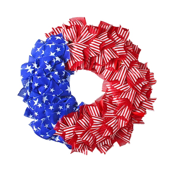 Patriotic Wreath Star Stripe Fabric Rag Wreath, Red White Blue Front Door Wreath for Independence Day 4th of July Memorial Day Veterans Day Wall Porch Holiday Decor, 18"