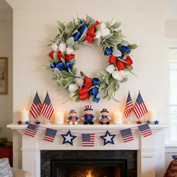 Patriotic Wreaths for Front Door, 4th of July Tulip Garland, Memorial Day Wreaths, American Flag Garland for Independence Day Indoor Outdoor Door Wall Decor Home