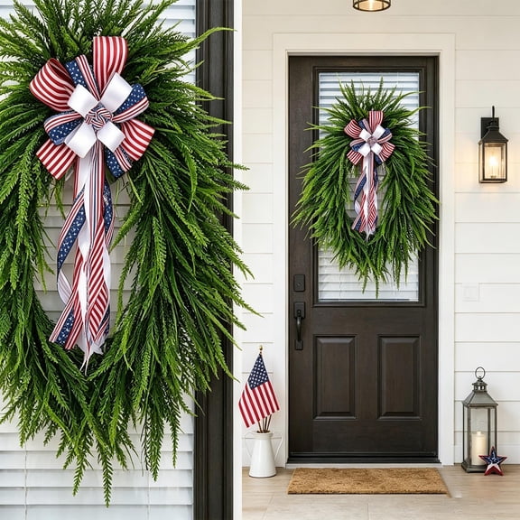 Patriotic Wreaths for Front Door, Artificial Pine Evergreen Christmas Wreath for Mantel Door Porch, Indoor and Outdoor Heart Shape
