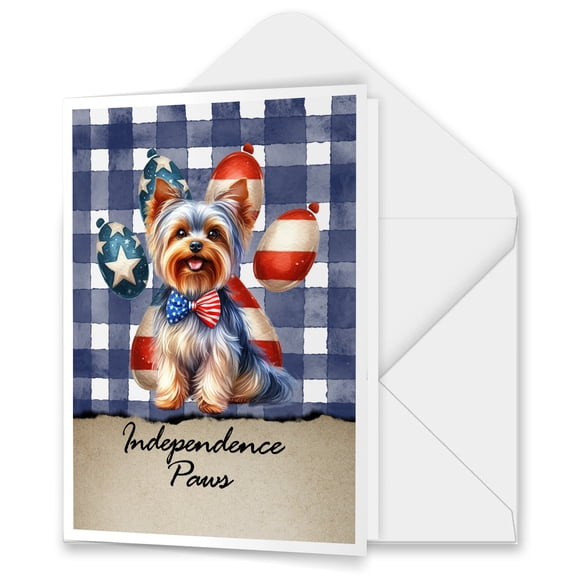 Patriotic Yorkshire Terrier 4th of July Independence Paws 5x7in Folded Greeting Card Yorkie Dog Lover Gifts Single Note Card with Envelope - 02010