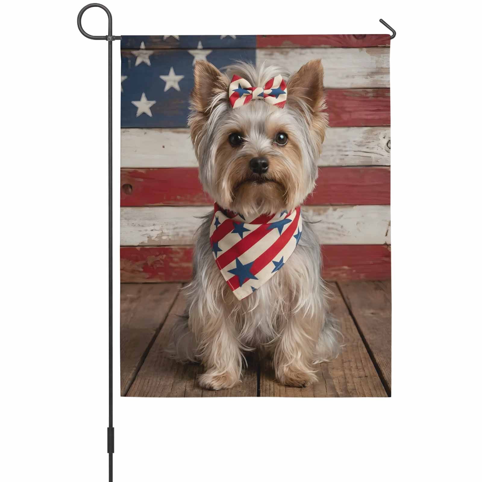 Patriotic Yorkshire Terrier House Flag 28 x 40 Inches, Independence Day American Flag Weather Proof Outdoor Patio Flags Double Sided Small House Decoration for Yard Lawn Outside Home