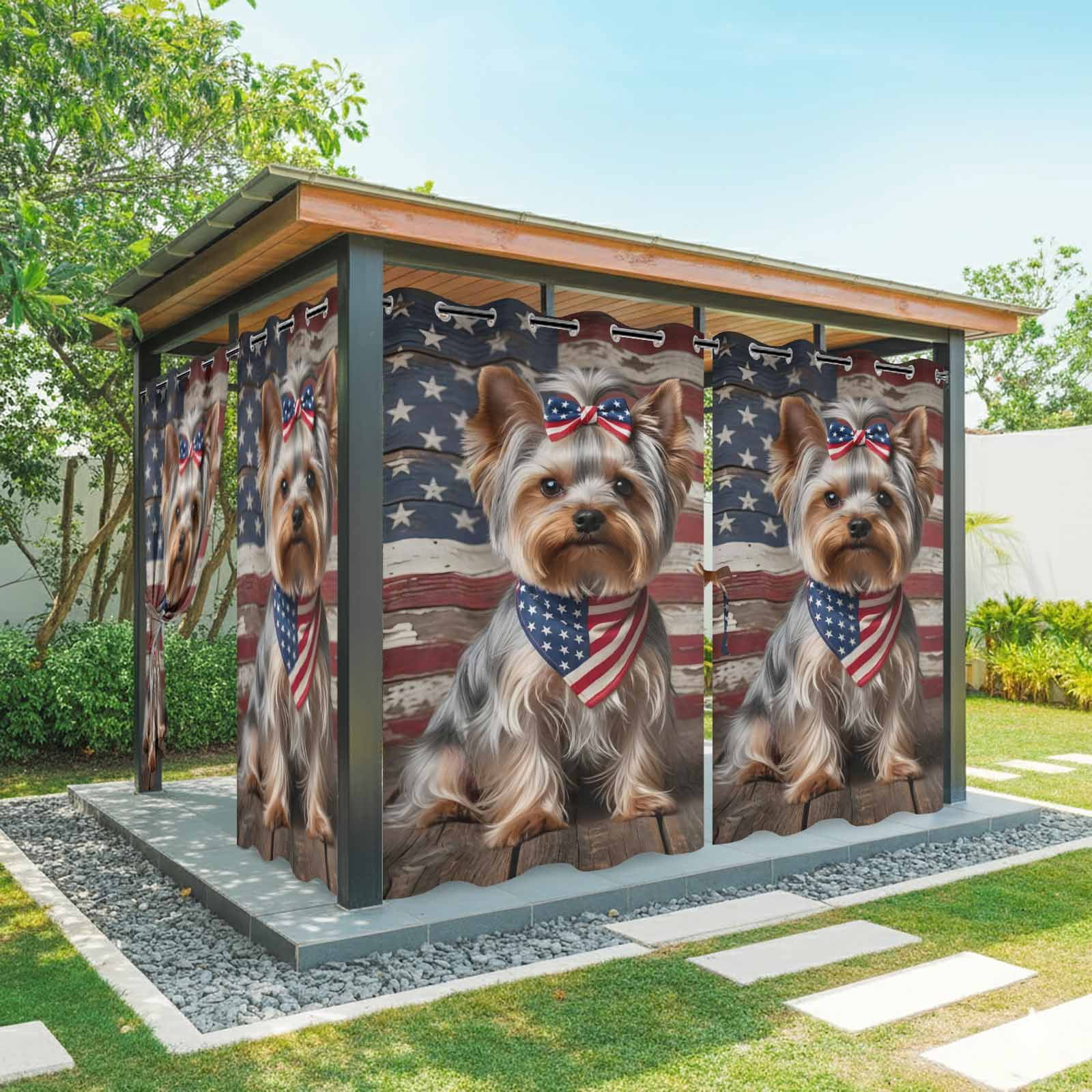 Patriotic Yorkshire Terrier Outdoor Curtains for Patio, Independence Day Retro American Flag Sunshade Privacy Drapes Grommet Waterproof Outside Curtains for Porch/Cabana/Balcony 54"x 108", 1 Panel
