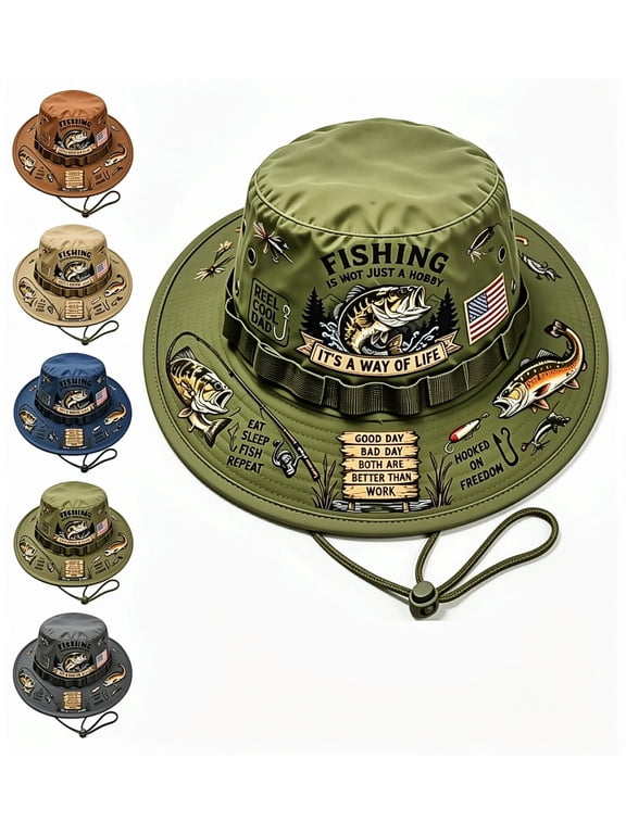 Patriotic bass print bucket hat with chin strap, wide brim sun protection, unisex for fishing and hiking Fishing is a Way of Life Patriotic Bass Bucket Hat with Chin Strap