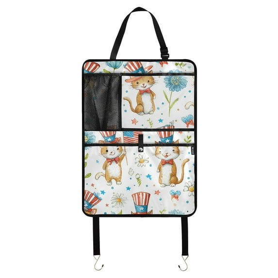 Patriotic cats festive fourth july pattern 252 Pack Kick Mat Back Seat Protector With Storage Pockets, Universal Car Seat Back Organizer For Pets, Waterproof Backseat Protector For Most Car