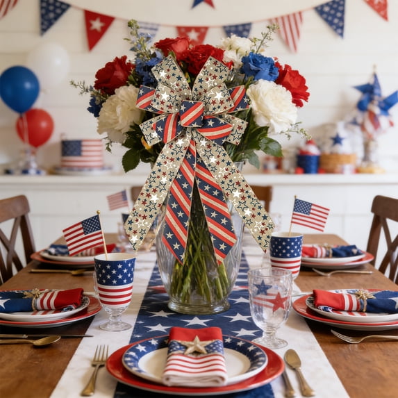 Patriotic decorations Independence Day Decorations Wires Edged Ribbon With A Bow For The Fourth Of July