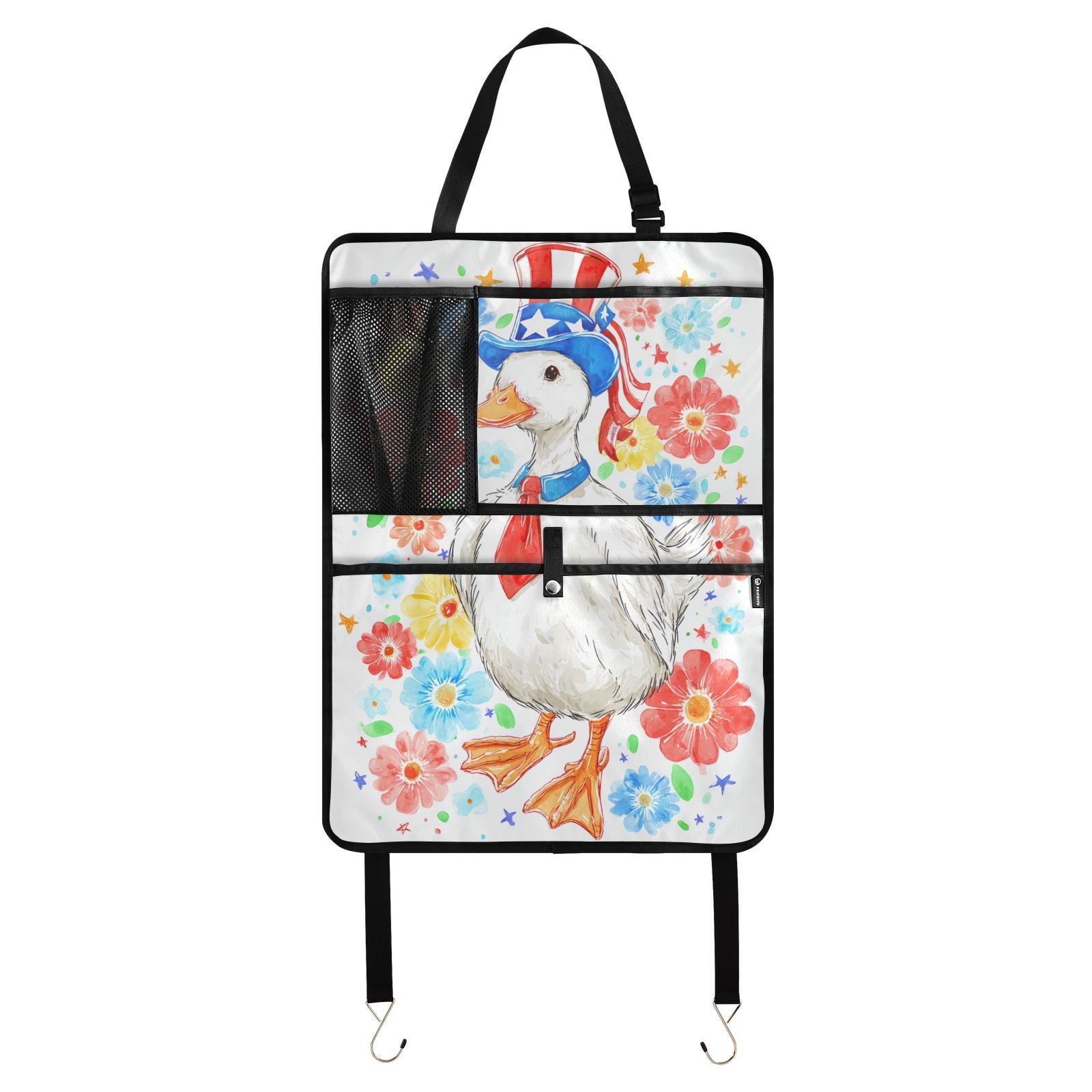 Patriotic duck floral hat tie Kick Mats (256 Pack) - Car Seat Back Protectors, Premium Waterproof Fabric, Reinforced Corners to Prevent Sag, and Mesh Pockets for Large Storage
