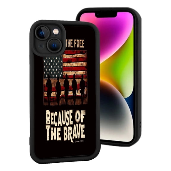 Patriotic iPhone 15 Case - Vintage American Flag Design with Soldiers ' THE FREE BECAUSE OF THE BRAVE ' Lightweight & Yellowing Resistant