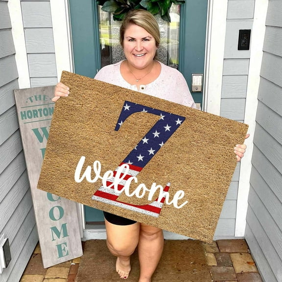 Patriotic independence Day Welcome Doormat with Letter Z, American Flag Style initial Z Rug with "Welcome" Script, Non-Slip Entryway Mat for 29th of July, Front Porch and Home Decor