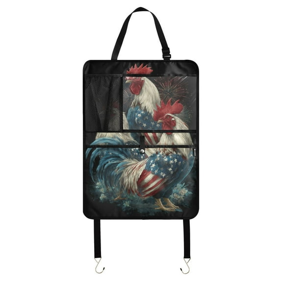 Patriotic roosters firework display(7) 27 Pack Kick Mat Back Seat Protector With Storage Pockets, Universal Car Seat Back Organizer For Pets, Waterproof Backseat Protector For Most Car