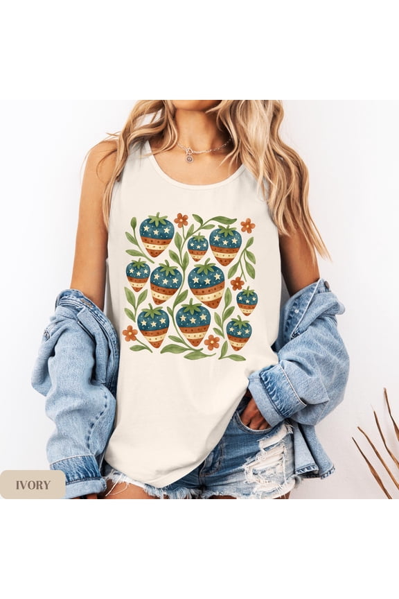 Patriotic strawberry tank 4th of July tank top boho USA shirt cute summer outfit retro Ame