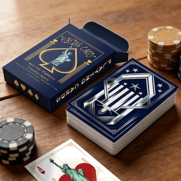 Patriotic-themed playing cards, made of waterproof PVC material, featuring American landmarks, collector's edition (60 x 97 mm). Suitable as a gift or collectible for playing card enthusiasts