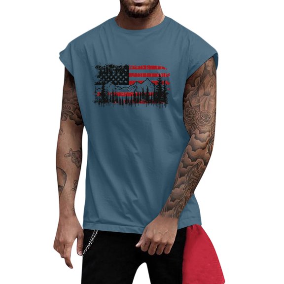 PatrioticWide Shoulder Slimming Vest - Men's Fitness Exercise Printed Waistcoat - Perfect for Crossfit, Basketball, or Summer Casual Looks,Dark Blue M