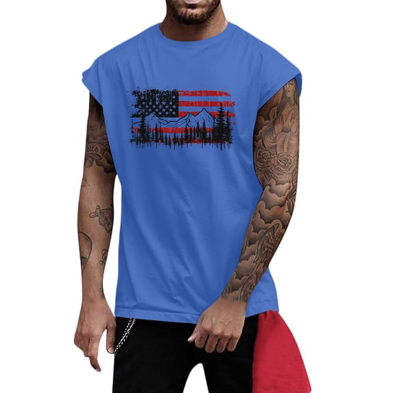 PatrioticWide Shoulder Slimming Vest - Men's Fitness Exercise Printed Waistcoat - Perfect for Crossfit, Basketball, or Summer Casual Looks,Blue 2XL