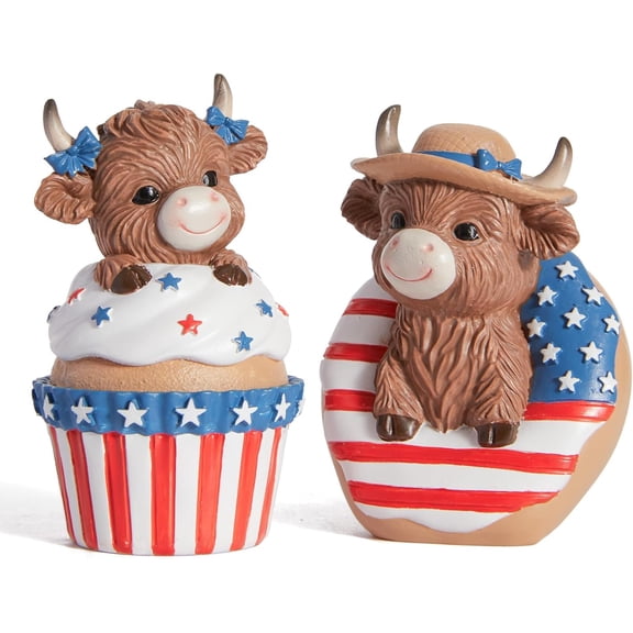 Patriotoc Decor Highland Cow Figurines, USA 250th Anniversary 4th of July & Memorial Day Decorations Independence Day Red White Blue Resin Statues in Dessert 3.9"