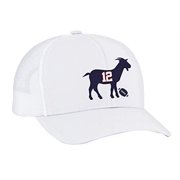 Patriots #12 G.O.A.T Trucker Mesh Snapback Hat-White-White Mesh