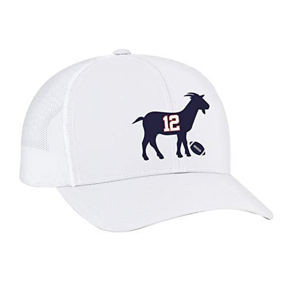 Patriots #12 G.O.A.T Trucker Mesh Snapback Hat-White-White Mesh