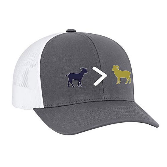 Patriots Goat is Greater Than Ram Trucker Mesh Snapback Hat-Graphite-White Mesh