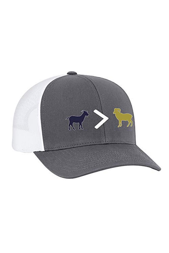 Patriots Goat is Greater Than Ram Trucker Mesh Snapback Hat-Graphite-White Mesh