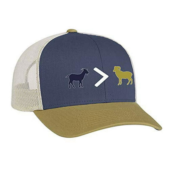 Patriots Goat is Greater Than Ram Trucker Mesh Snapback Hat-Ocean Blue & Amber Gold-Beige Mesh