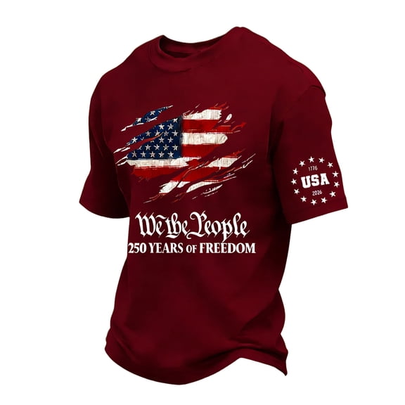Patriots Shirts for Men Independence Day 1776-2026 T Shirts Crew Neck Short Sleeve We the People Tees National Flag Print Graphic Big and Tall Shirt Wine XL