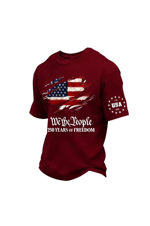 Patriots Shirts for Men Independence Day 1776-2026 T Shirts Crew Neck Short Sleeve We the People Tees National Flag Print Graphic Big and Tall Shirt Wine XL