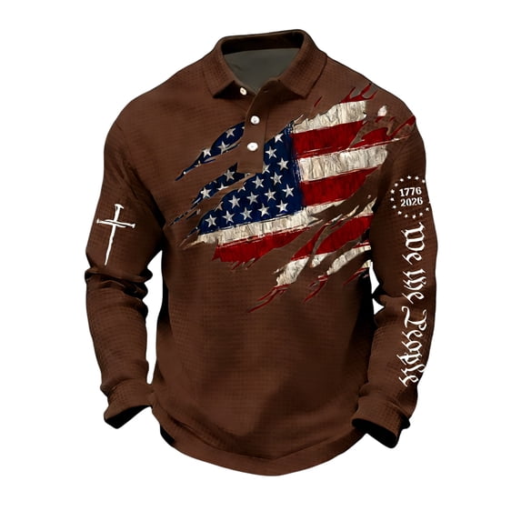 Patriots Shirts Mens Independence Day 250 Years Of America Shirt Lapel Long Sleeve We the People Polo Shirts National Flag Print Button Down Patriots Sweatshirts Coffee 3XL