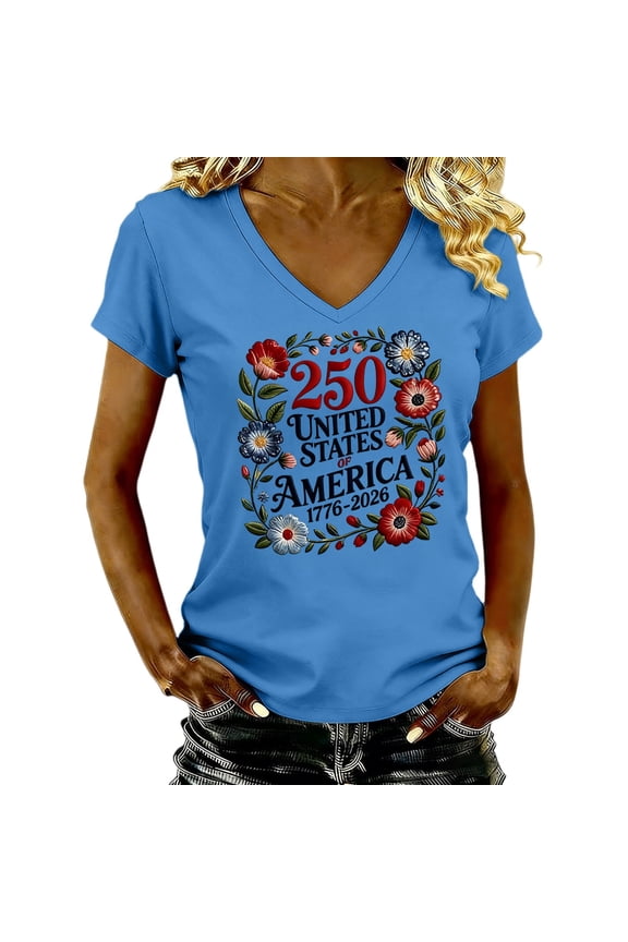 Patriots Short Sleeve Tops for Women USA Workout Shirts Beach Vacation Y2K Clothes V Neck Soft Womens Clothing Blue