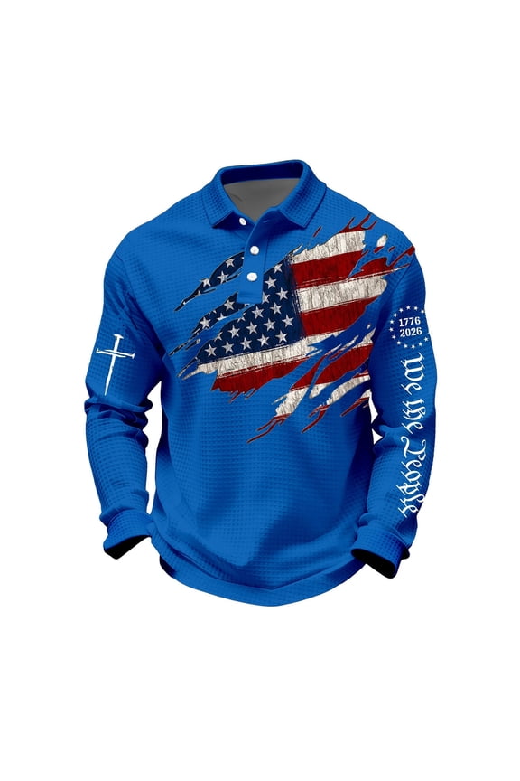 Patriots Sweatshirts Mens We the People 1776-2026 Polo Shirts Long Sleeve Waffle Independence Day Shirt American Flag Button Down Patriots Shirts Blue XL
