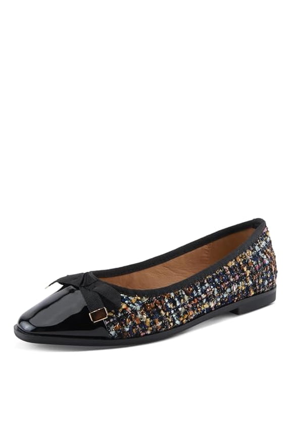 AINOSA Women’s Ballet Flat – Boucle & Faux Patent Leather Slip-On with Bow Accent – Cushioned Insole for All-Day Comfort