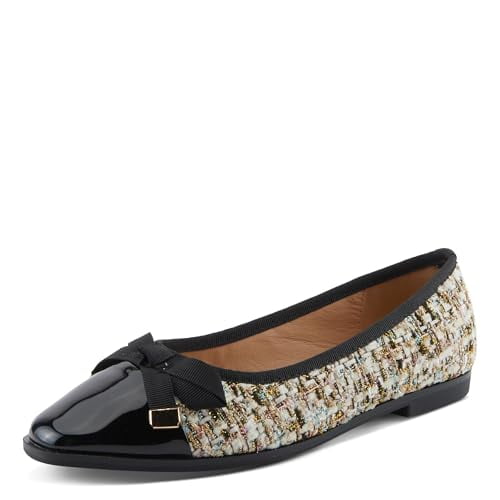 PATRIZIA AINOSA Women’s Ballet Flat – Boucle & Faux Patent Leather Slip-On with Bow Accent – Cushioned Insole for All-Day Comfort