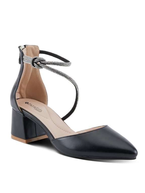 Spring Step L'Artiste Patrizia Women's Eluned Crystal Embellished Pointed-Toe Block Heel Pumps – Elegant Dress Shoes with Asymmetrical Straps & Knot Detail