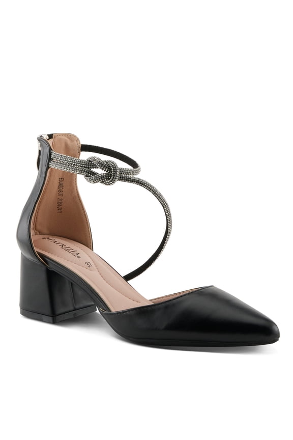 Eluned Women’s Faux Leather Block Heel Pumps with Crystal Strap and Zipper Closure