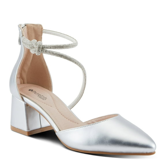 Patrizia Eluned Women’s Faux Leather Block Heel Pumps with Crystal Strap and Zipper Closure